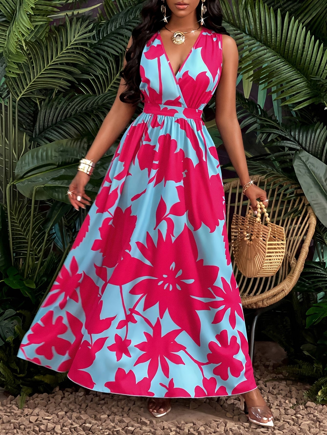 Women's Tropical Print V-Neck Flared Maxi Dress with Cinched Waist - Vibrant Red & Blue Floral Design, A-Line Silhouette, Polyester Fabric, Perfect for Vacation or Casual Outings, Vacation Wear|Flowing Skirt Style|Smooth Glos